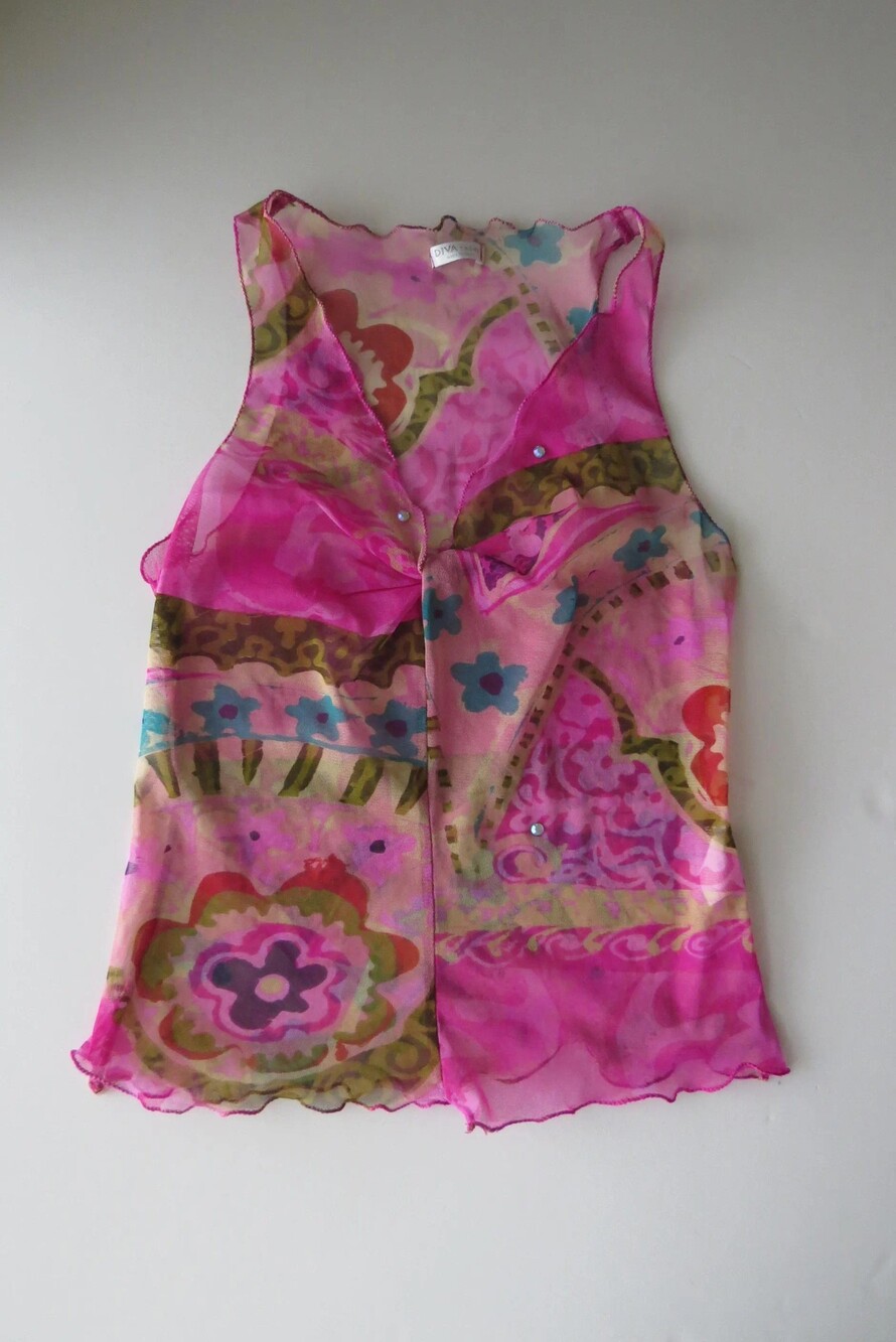 Vintage Italian Sheer Mesh Tank Top, 2000s Pink Psychedelic Floral Print, Made i